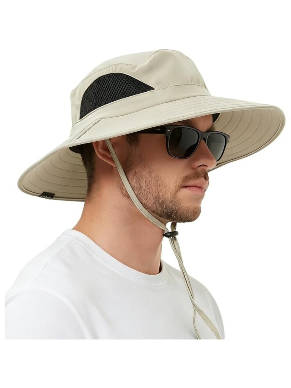 Unisex Beige 100% Polyester Wide Brim Mesh Vents With Chin Strap Fishing Sun Hat